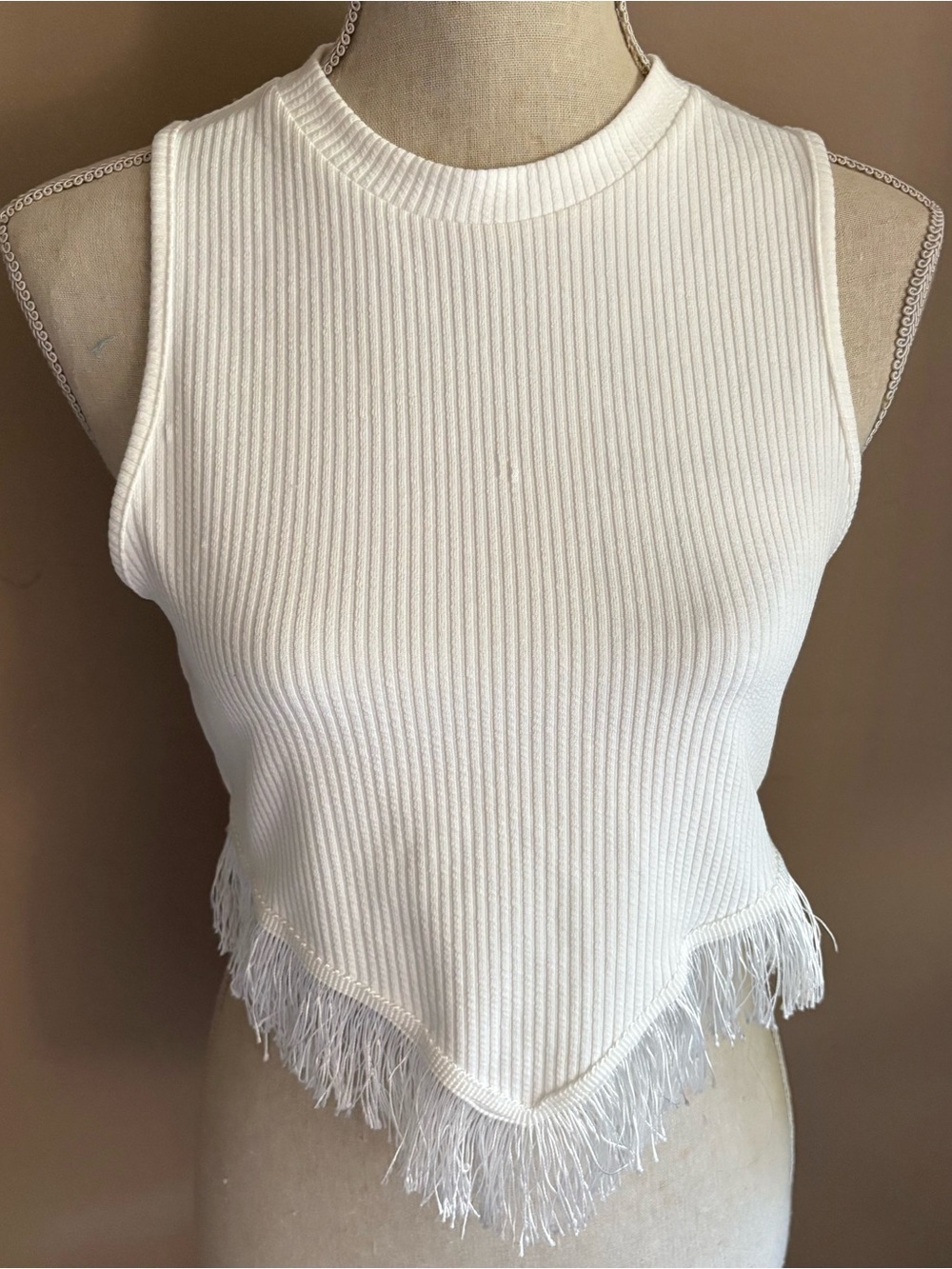 White Ribbed Sleeveless Crop Tank Top with White Fringe